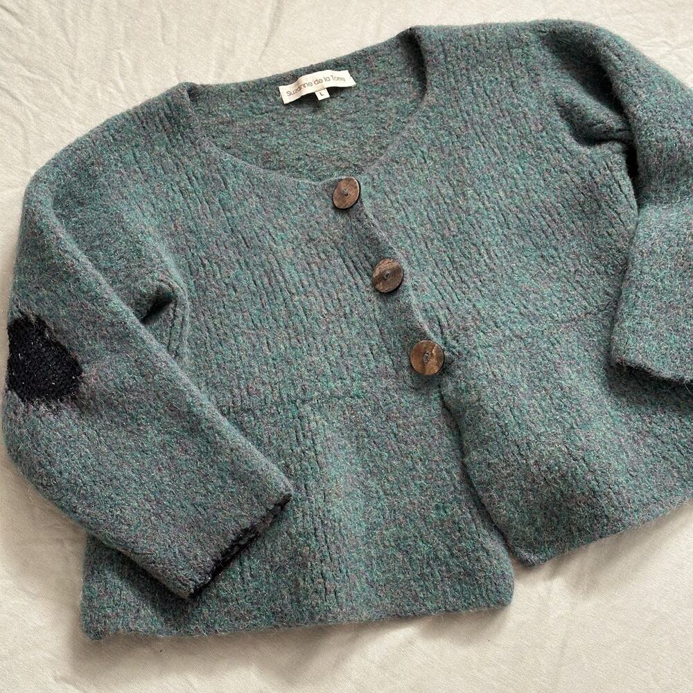 Suzanne de la Torre 100% Alpaca Cardigan Wood Buttons 3/4 Sleeve Cropped Peplum